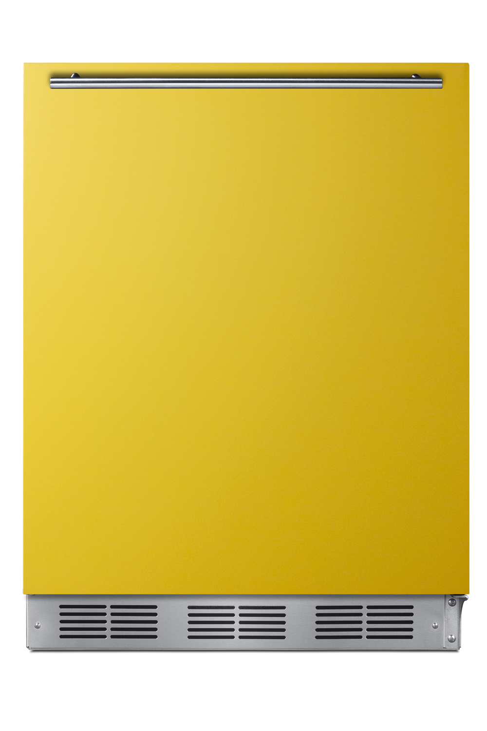 24 in. wide all-refrigerator for residential use, auto defrost with a saffron gold door, stainless steel handle, and black cabinet
